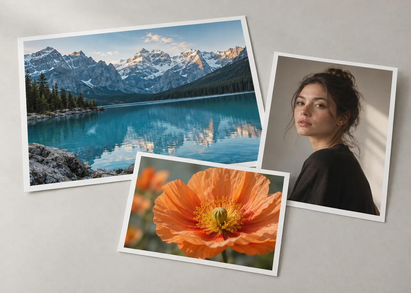 Original photographic prints of a mountain lake, a flower and a portrait